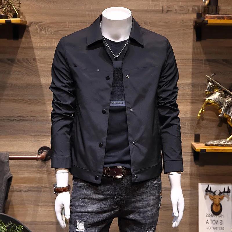 2025年新款秋冬季潮流百搭翻领薄款长袖休闲黑色工装夹克男士外套