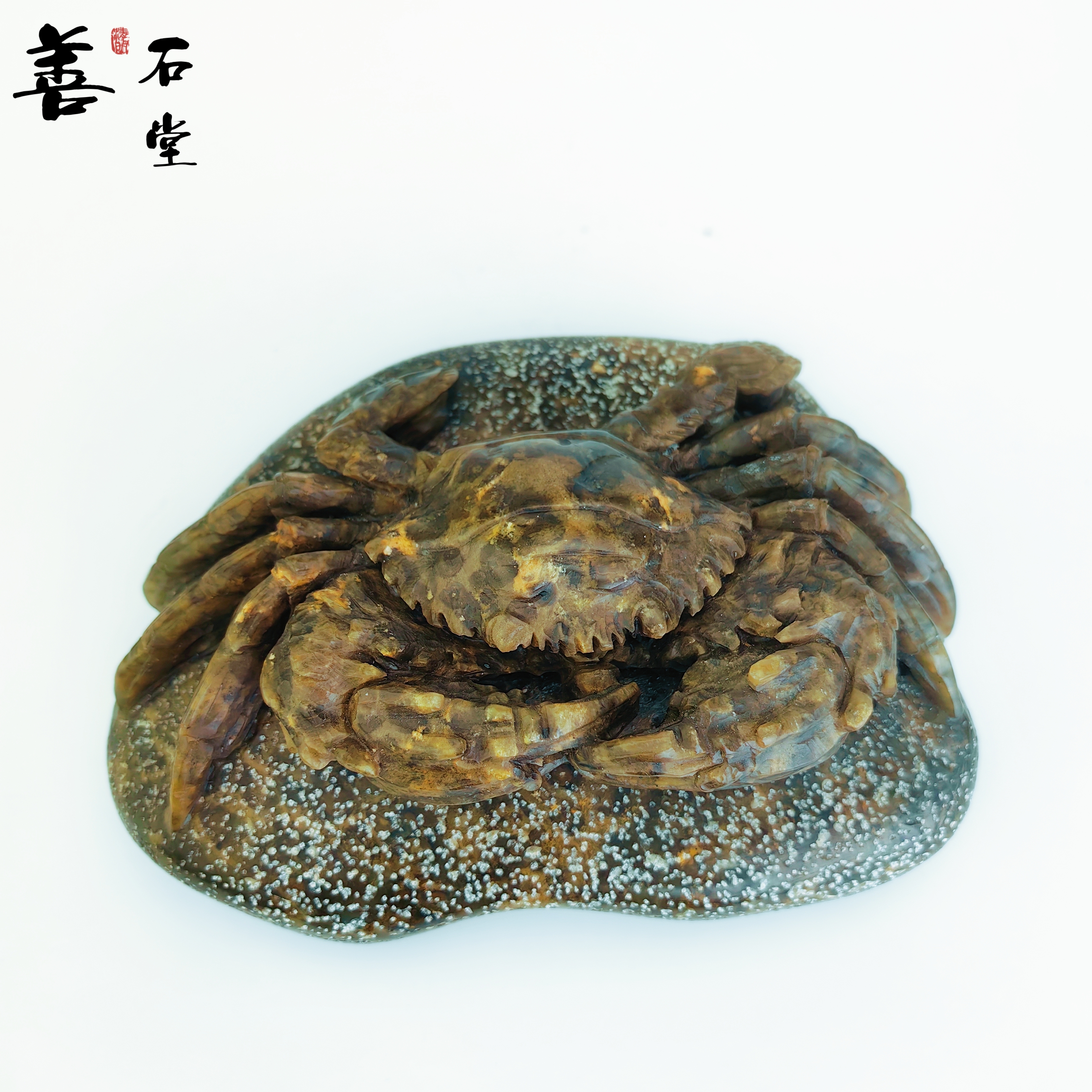 【富甲天下】天然青石手工茶配件茶宠螃蟹雕刻整石整雕实心摆件