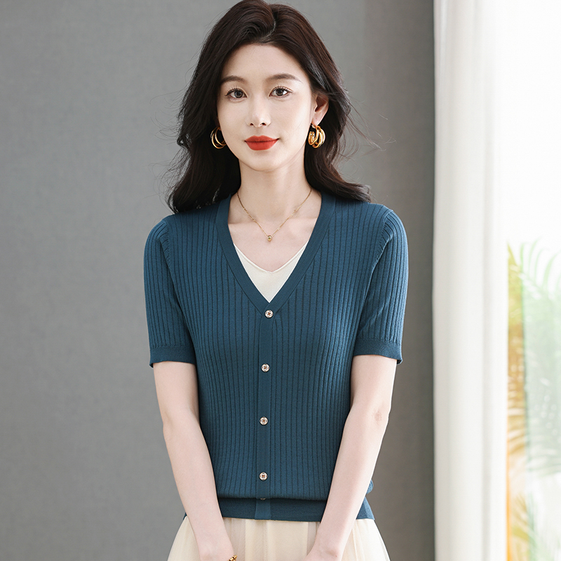 夏季100%天丝女士V领宽松显瘦套头百搭减龄短款时尚短袖针织衫
