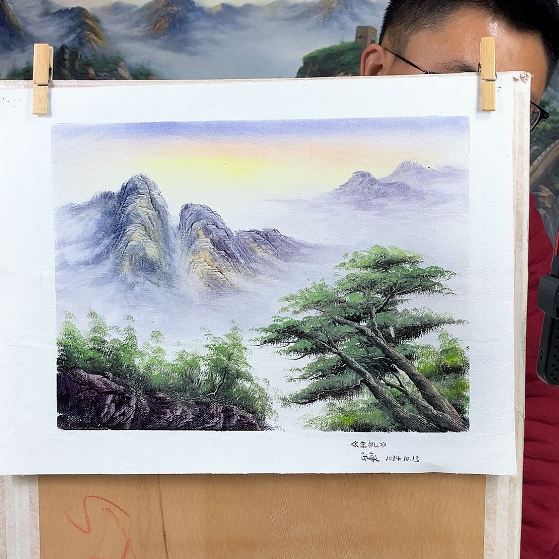 油画行路人小院绘画作品