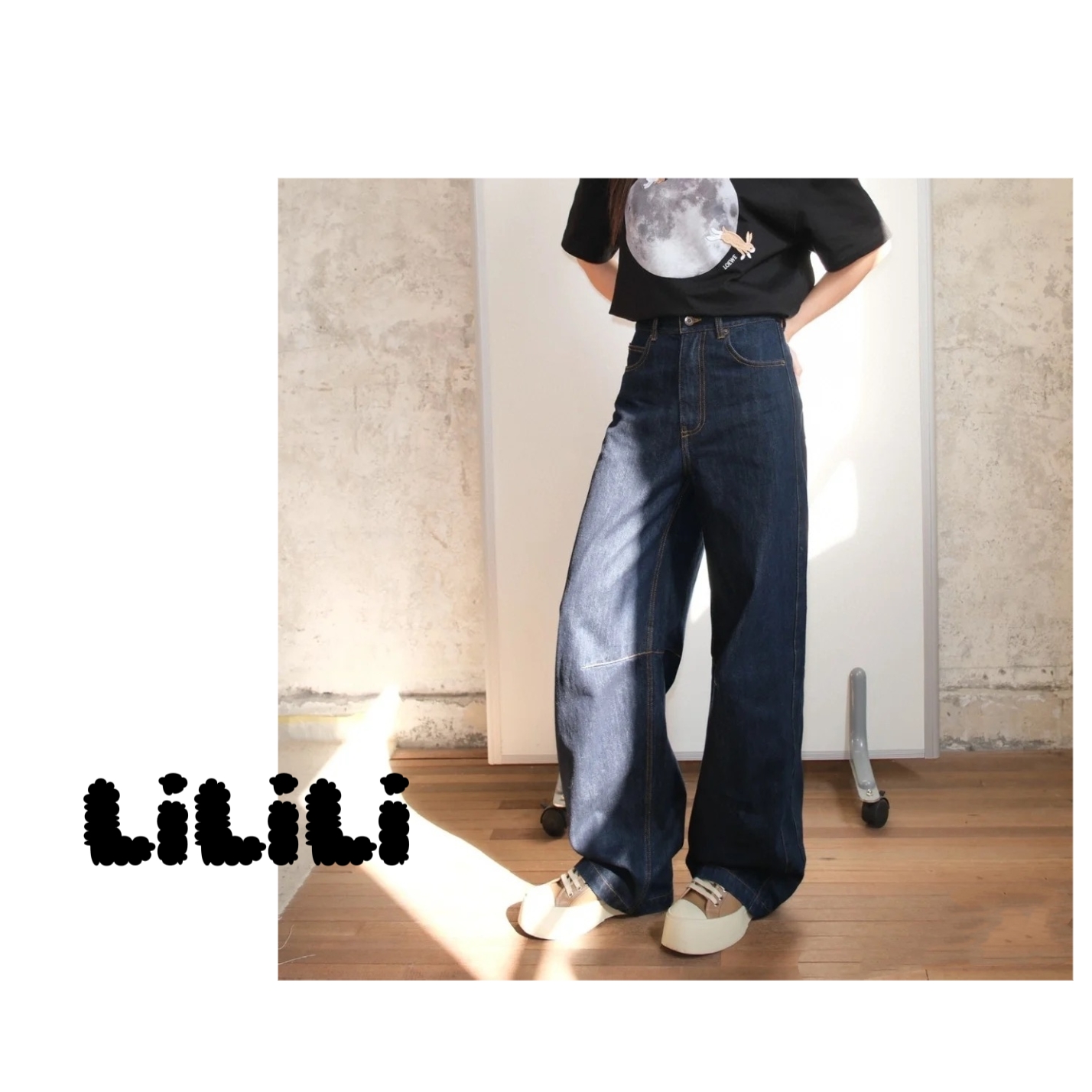 LiLi-「小罗弯刀裤」休闲弧形高腰阔腿牛仔裤加厚宽松休闲长裤女