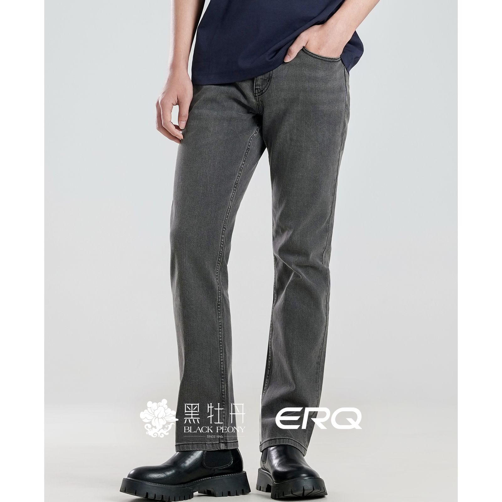 ERQ[灰黑色系]902男士宽松弹力直筒牛仔裤黑色休闲裤男款商务复古