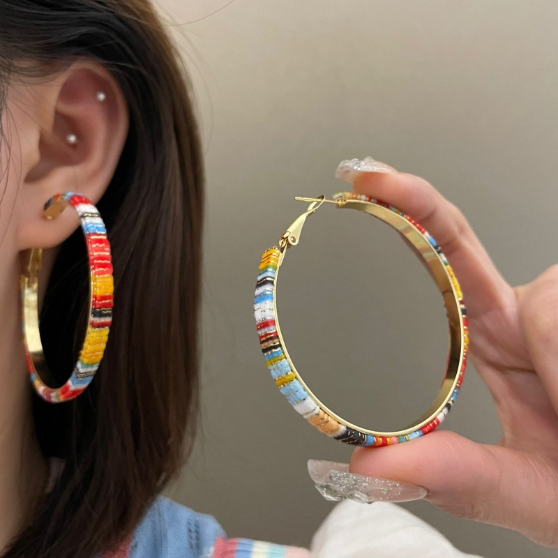 非金属布艺耳饰 925银针5cm布艺彩虹大耳圈