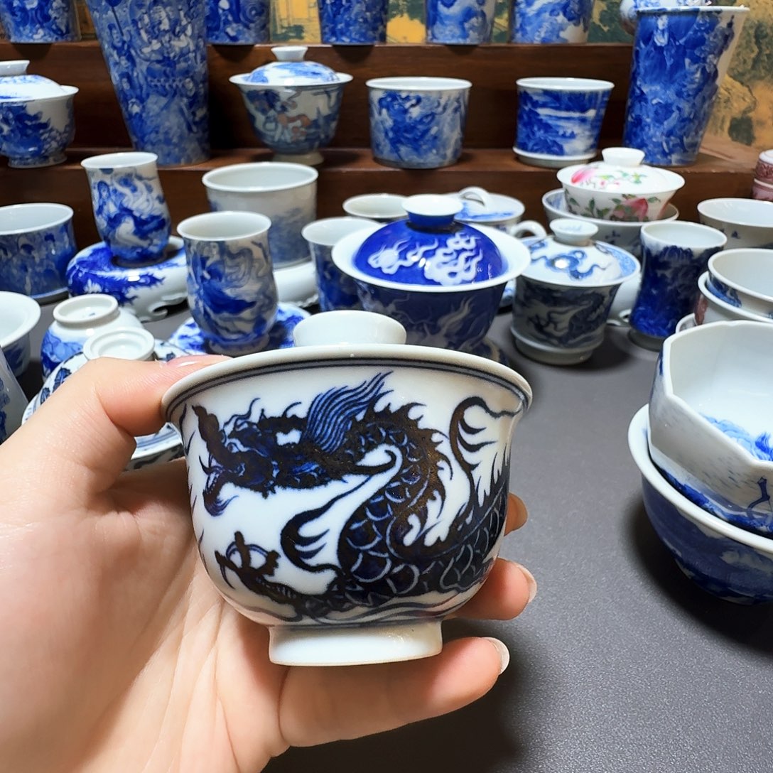 泥塑仿元盖碗手工手绘微瑕
