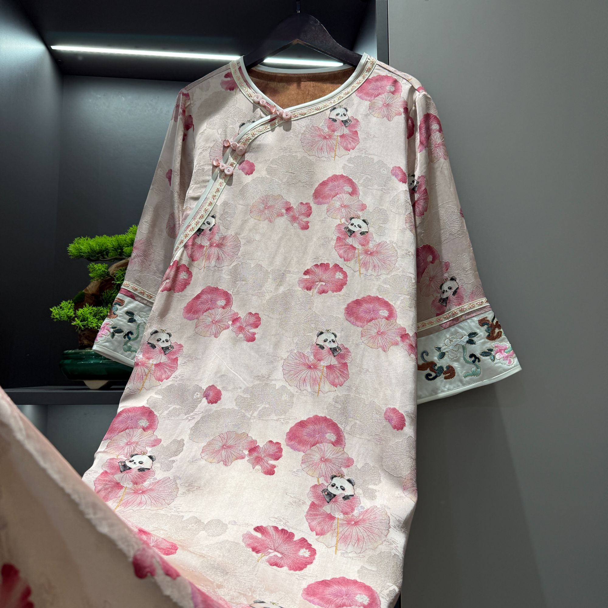 中式连衣裙复古斜襟盘扣熊猫传统改良夏季宽松气质连衣裙3216