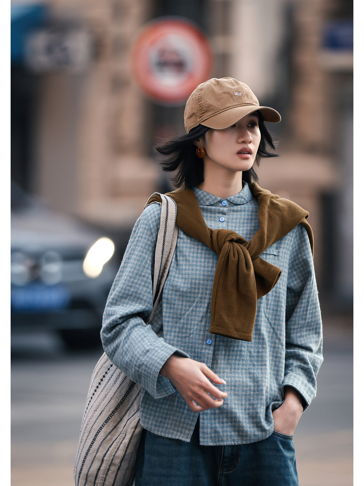 25ZYC875 书卷气 全棉磨毛亲肤 色织格纹宽松衬衫女衬衣上衣秋冬