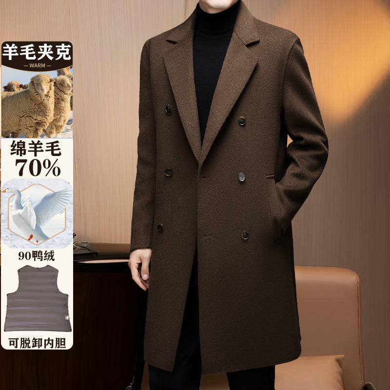羊毛双面呢大衣男士秋冬休闲时尚西装领中长款鸭绒内胆毛呢外套男