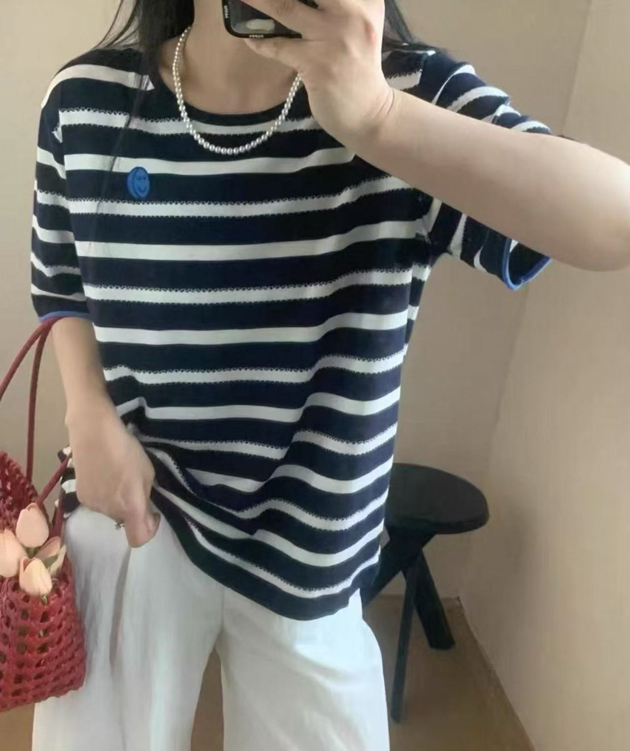 【欧琲】Z-083#夏季圆领条纹针织短袖