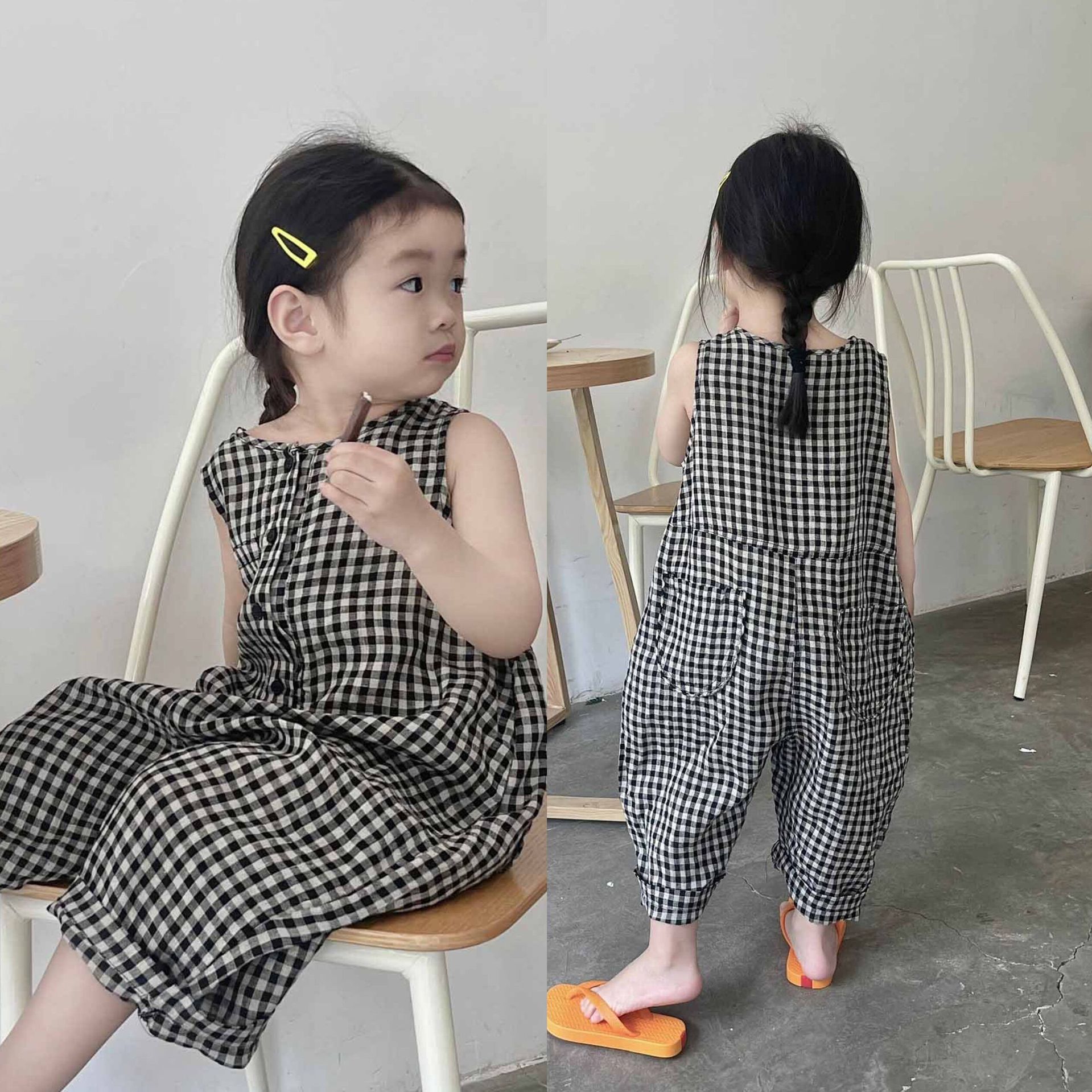 2025夏季新款女童连服衣女宝宝格子连体裤无袖宽松洋气韩版连身裤