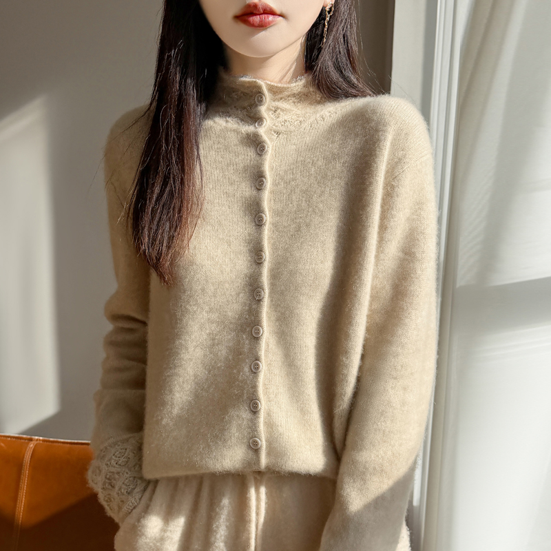 重工镂空工艺半高领开衫100羊毛衫打底七针加厚款百搭时尚针织衫