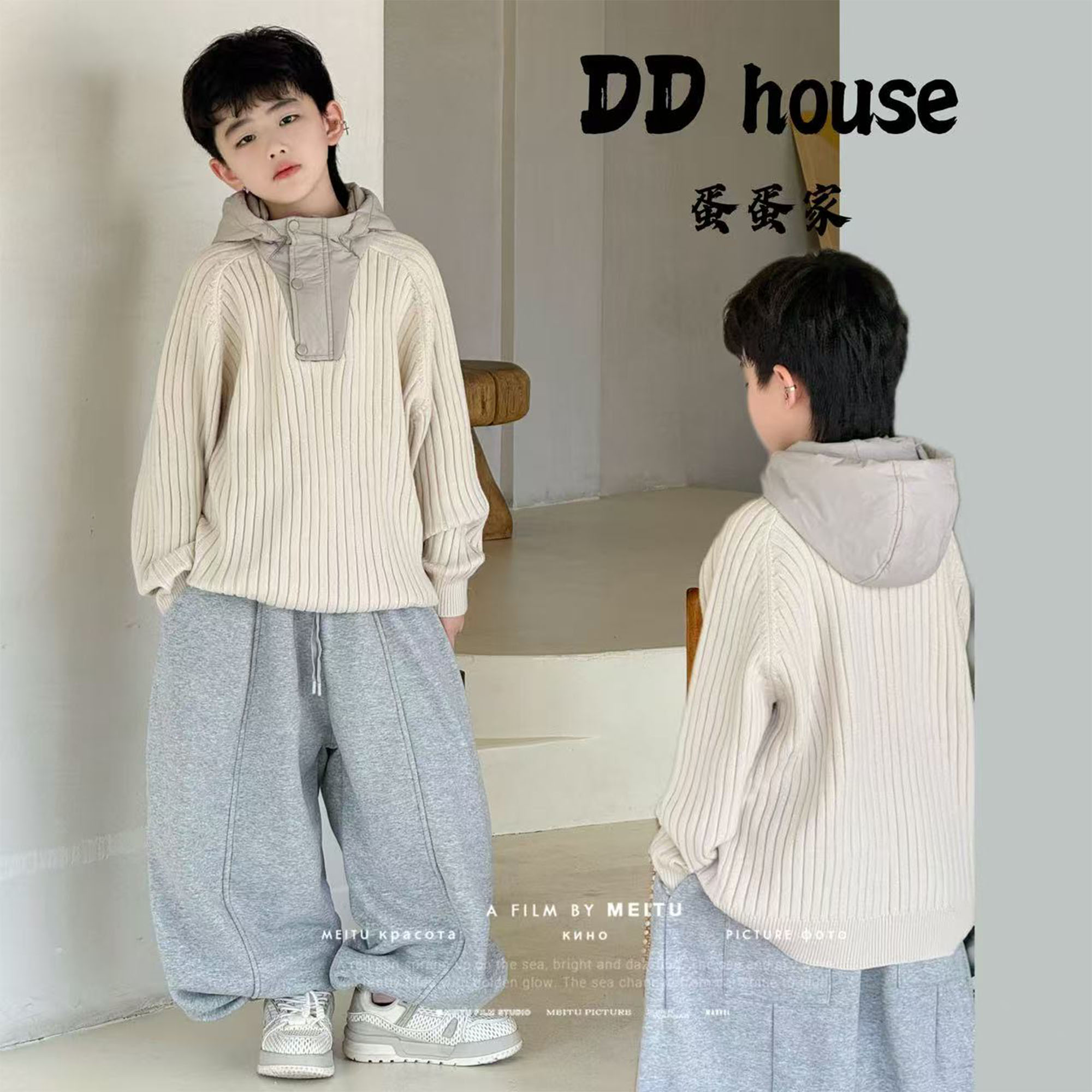 蛋蛋家【奶油起司】25213冬季新款儿童米白色拼棉帽毛衣