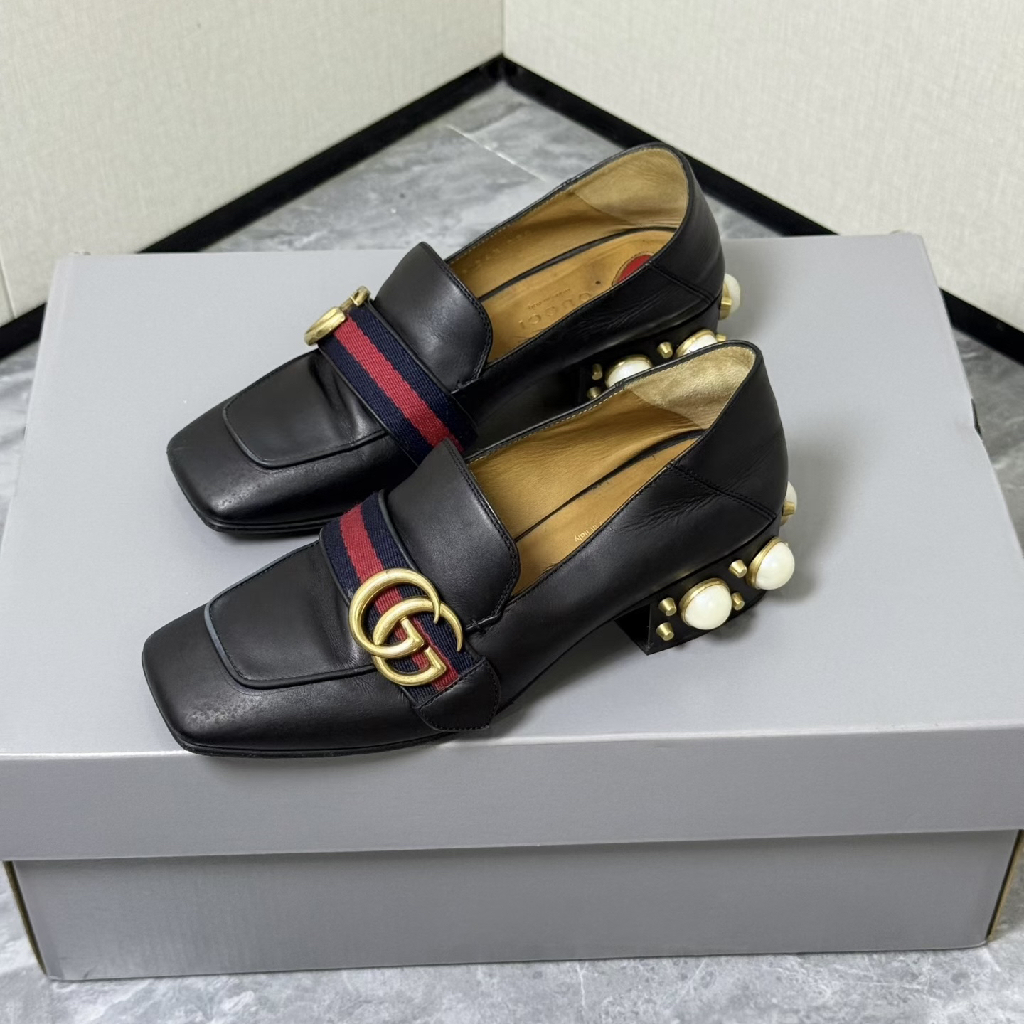 95新 GUCCI/古驰 Gucci双g乐福鞋 34.5码 黑色 鞋底贴底