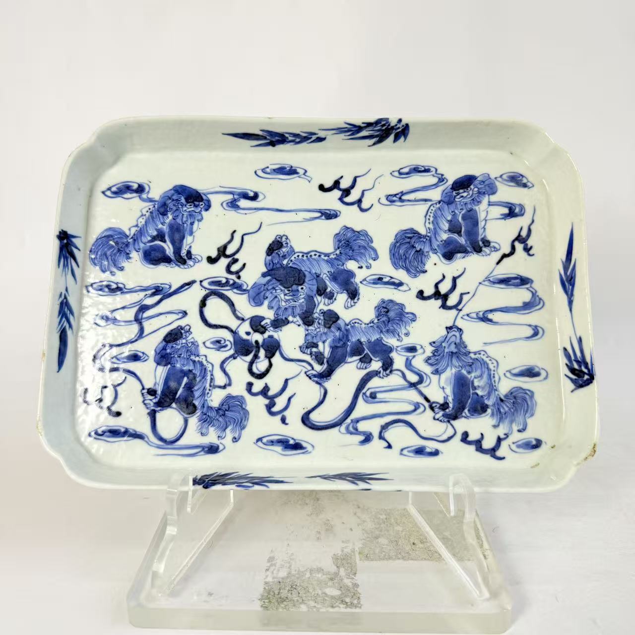 JM297清中晚-青花狮子滚绣球大烟盘【古董拍卖】