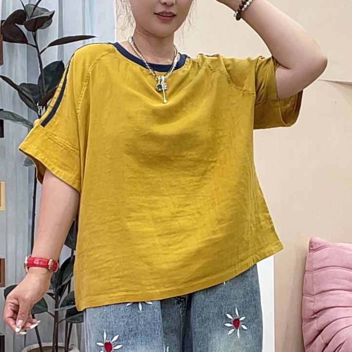 649双纱棉撞色领短袖T恤女
