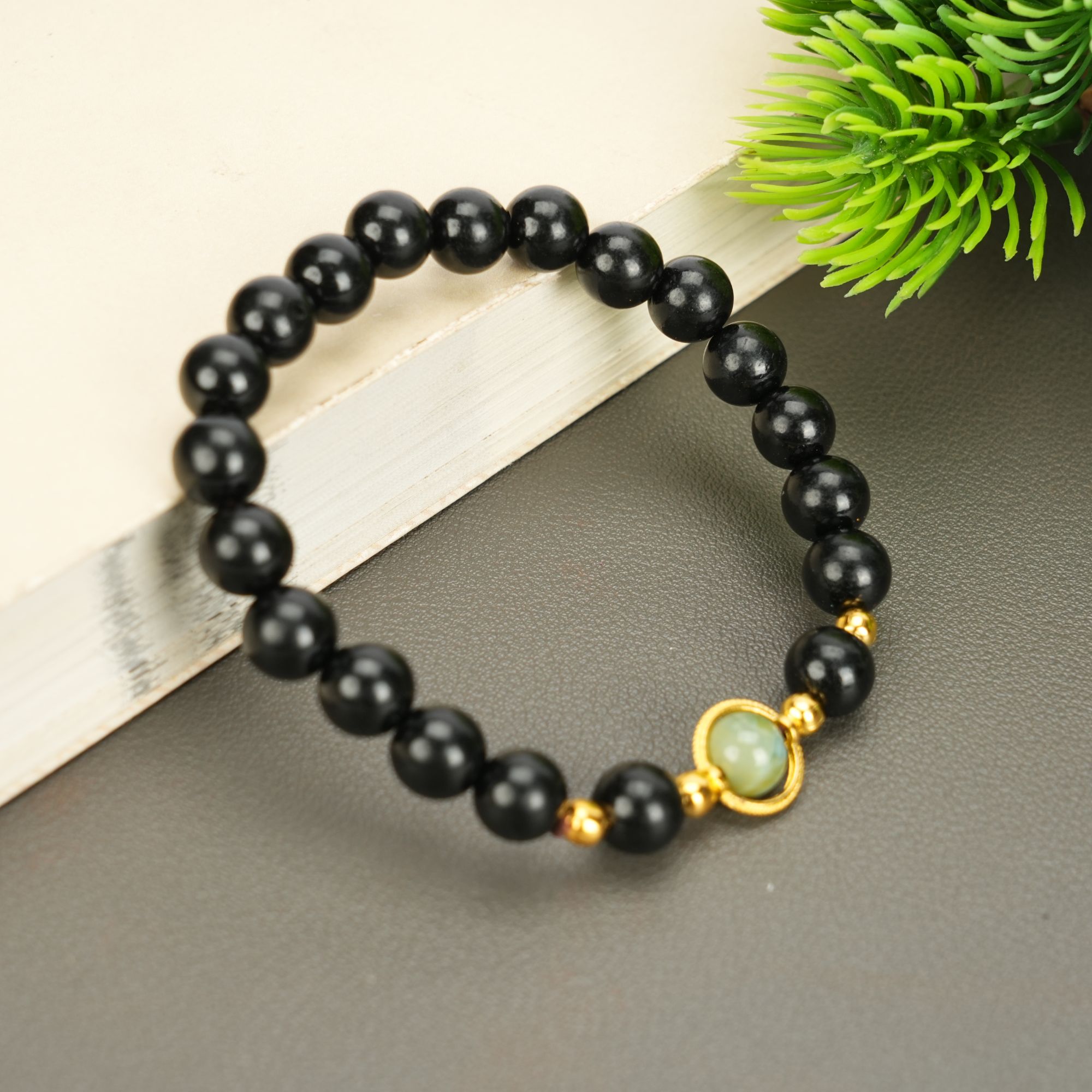 【红木甲】黑檀蓝珠手串 - A01794