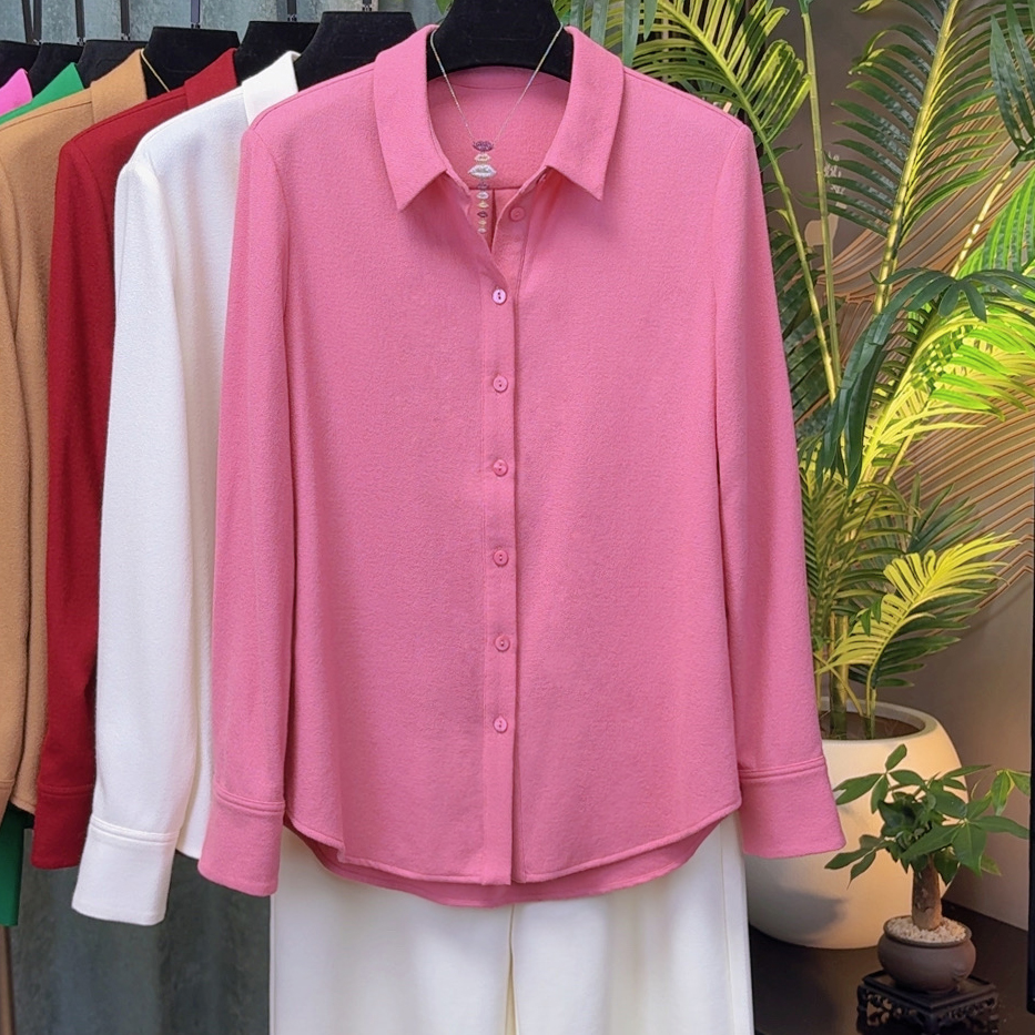 百分百羊毛粉色衬衫秋冬天保暖长袖时尚百搭翻领气质