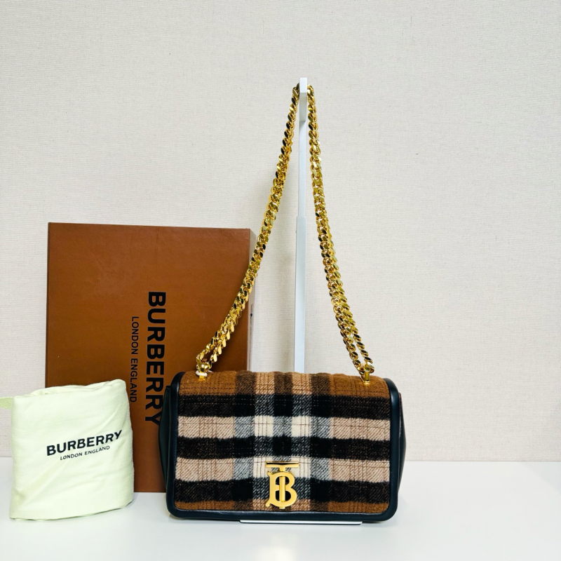 95新 BURBERRY/博柏利 98新Lola萝拉链条包新款格纹毛呢23cmS3363