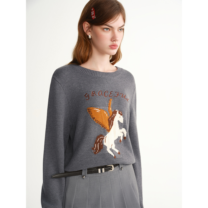 独束大码女装【小马提花】飞马提花字母刺绣毛衣落肩针织25DS84348