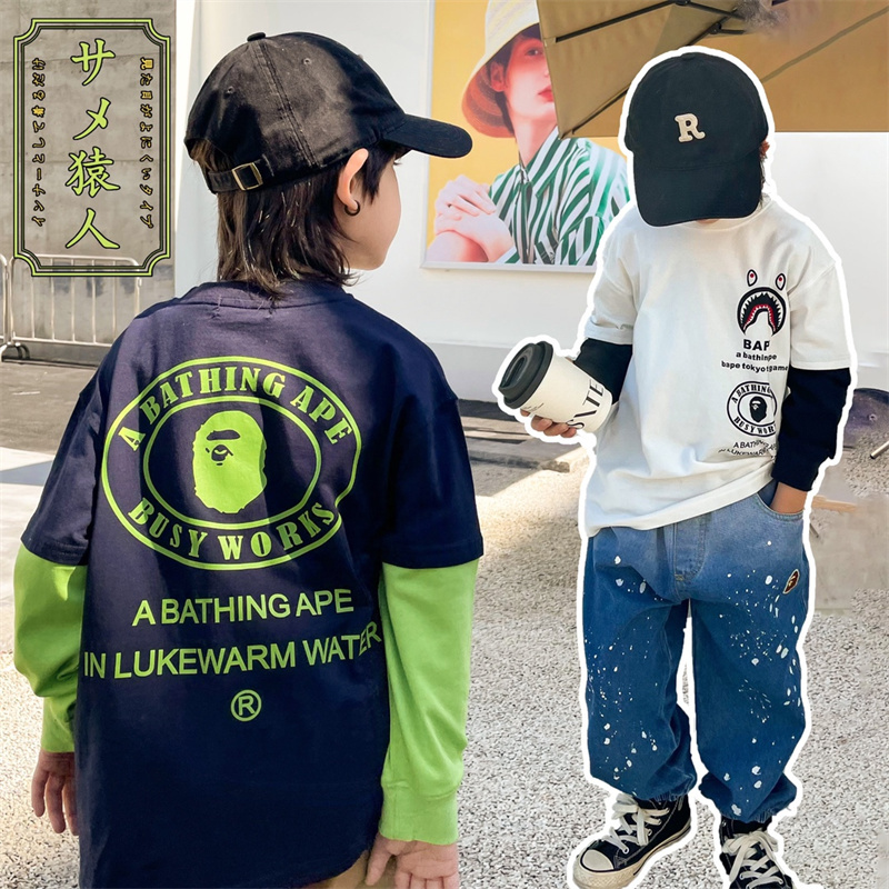 男童t恤长袖打底衫儿童潮牌体恤假两件上衣秋装时尚白色男孩春秋