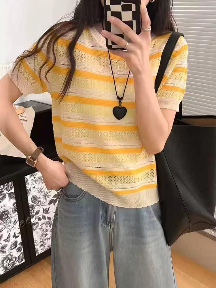 夏季宽松撞色条纹花边短袖圆领条纹针织衫H6909