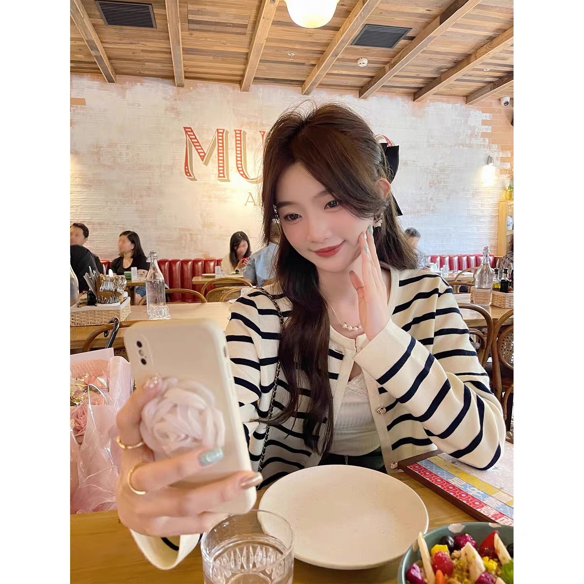 【白色条纹】开衫外套3671超柔软新款高品质圆领针织上衣