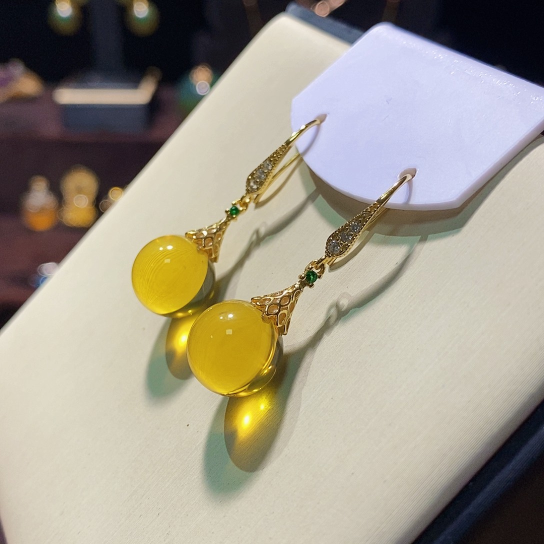 蓝珀耳饰银S925镀金镶嵌耳钩11m