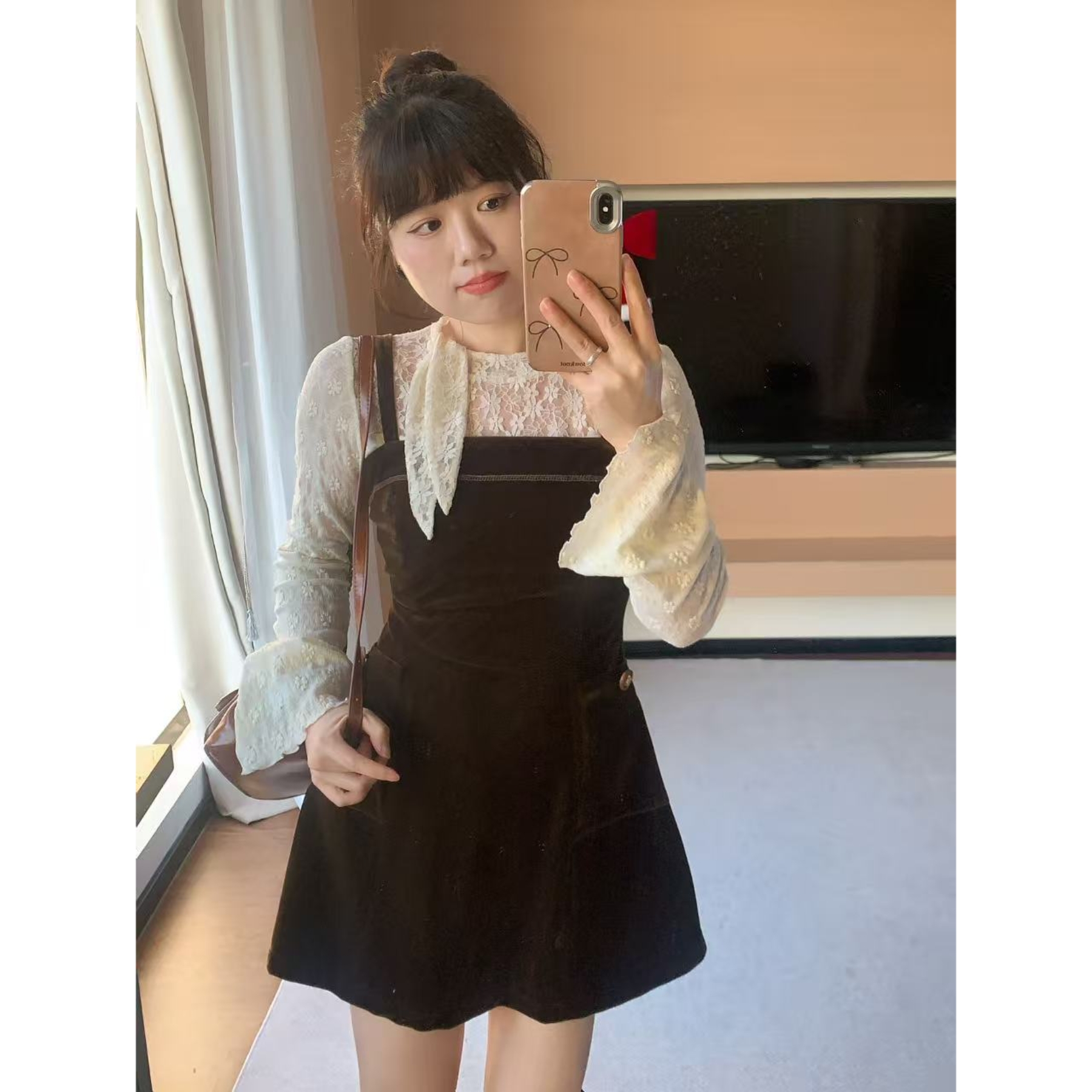 米米子“松岛可可”定制棕色丝绒吊带裙吊花边衬衫时尚两件套装秋季