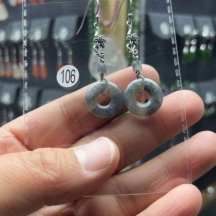 翡翠耳饰银S925镶嵌秋*