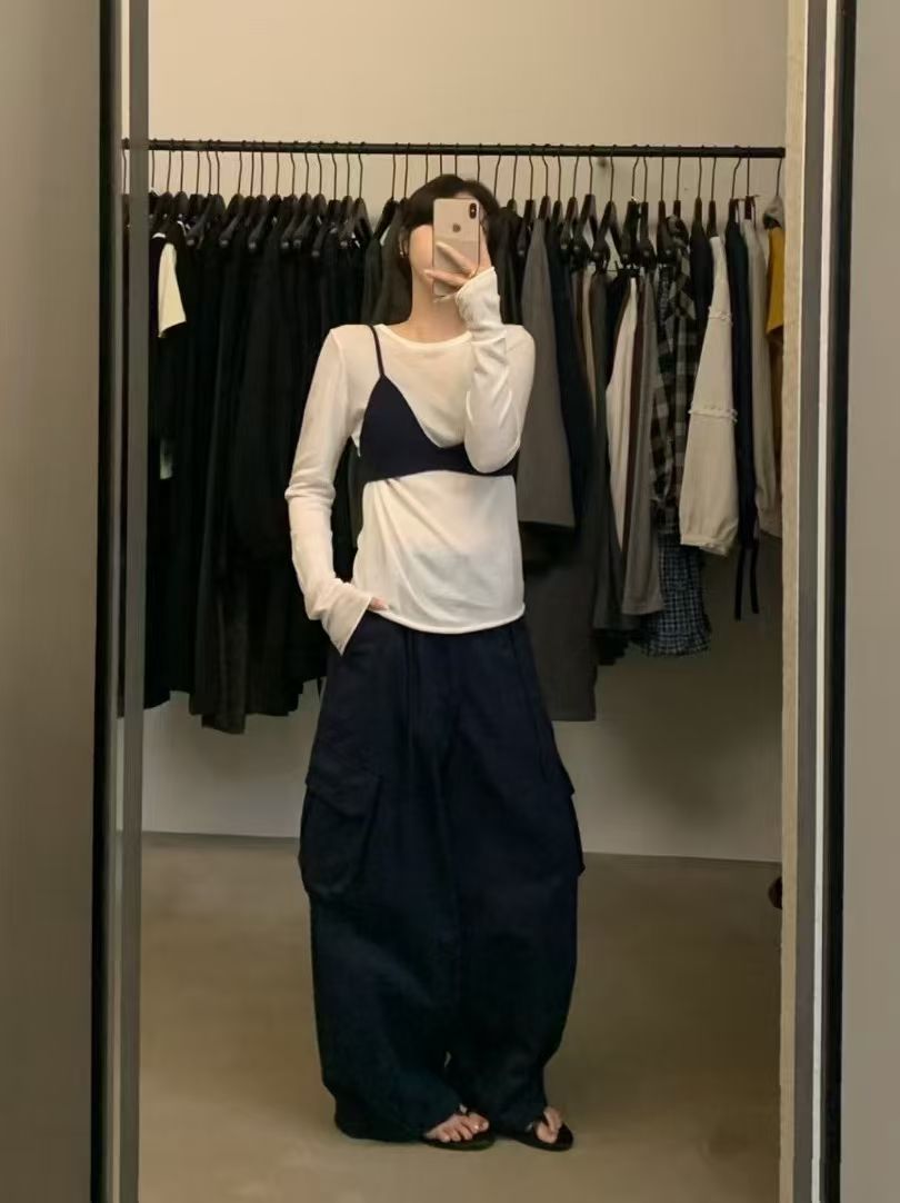 【扣号专拍】恤速干慵懒风圆领宽松百搭气质长袖拼色设计感