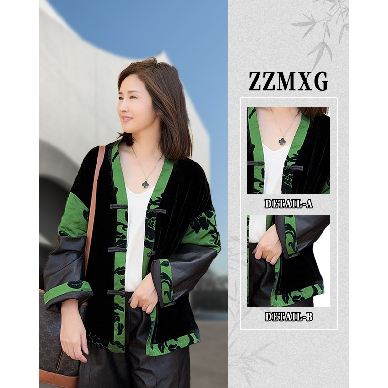 【珍珍国风设计】新中式蚕丝绵羊皮秋季新款轻奢外搭上衣W-83657