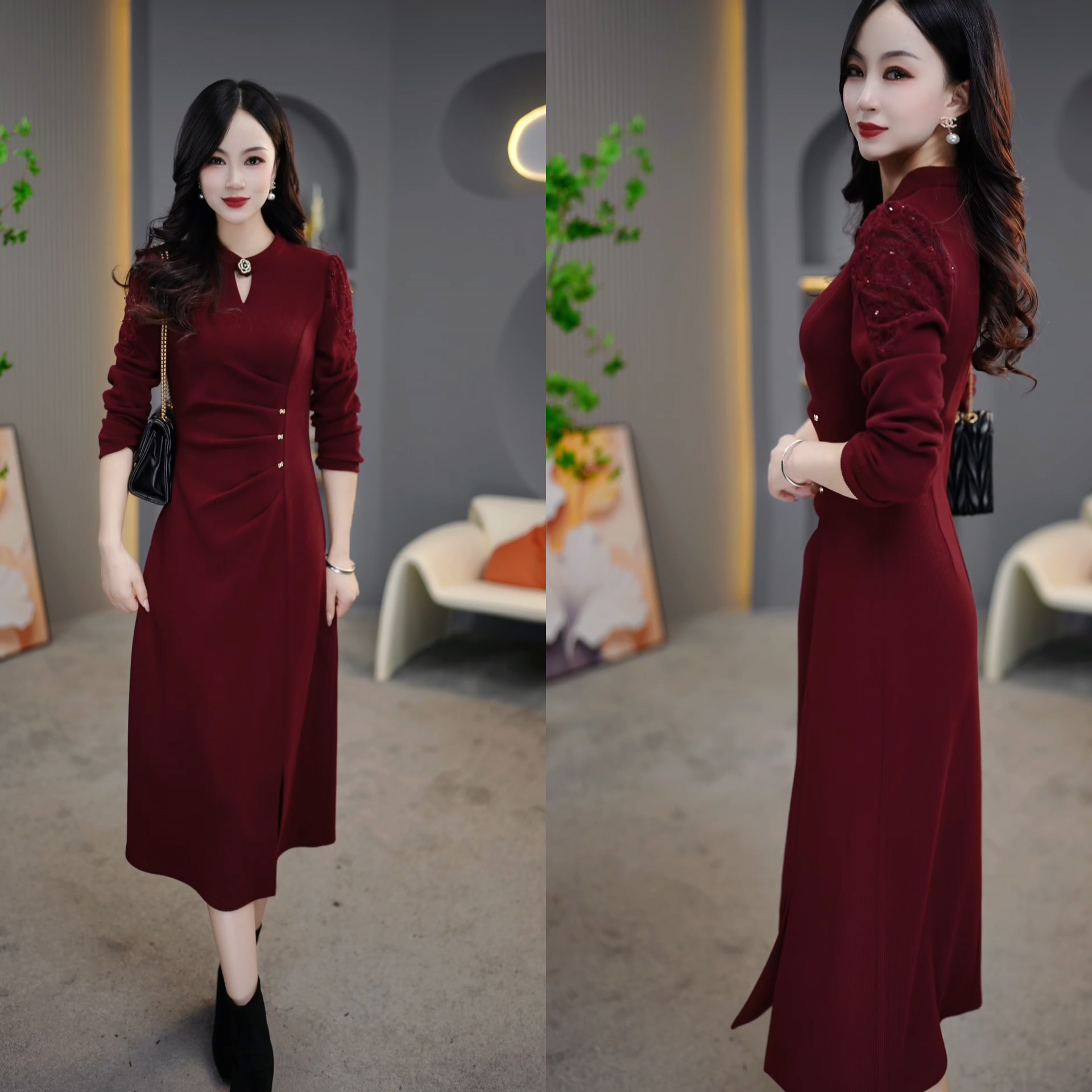 2025秋冬红色开叉法式收腰复古名媛时尚山茶花连衣群M-4XL
