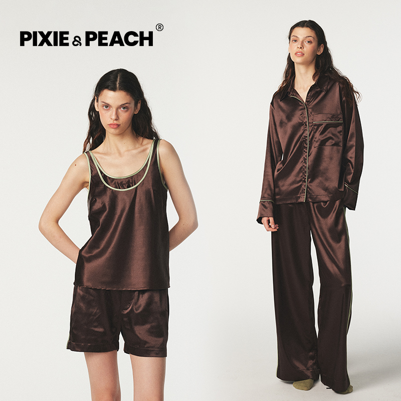 Pixie satin秋日思绪高级撞色棕性感女士睡衣秋季四件套装