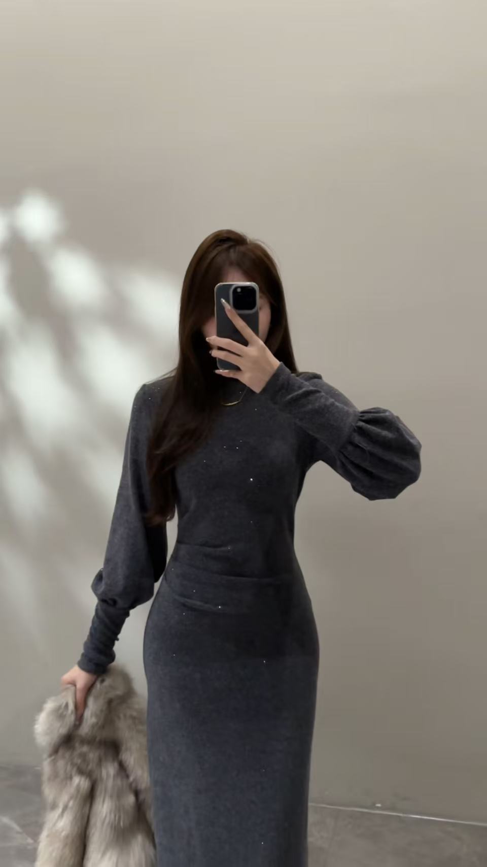 【大婷婷】半高领灯笼袖连衣裙气质时尚修身亮片百搭内搭长裙DT1833