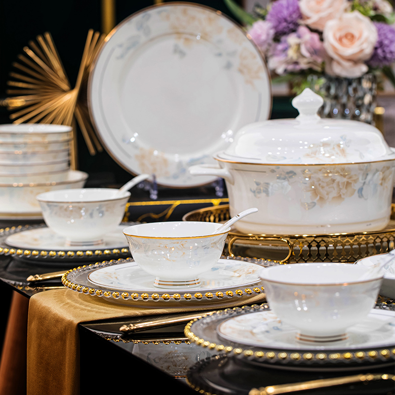 高颜值瓷餐具景德镇清雅名媛中式家用金边高档餐具碗碟盘套装送礼