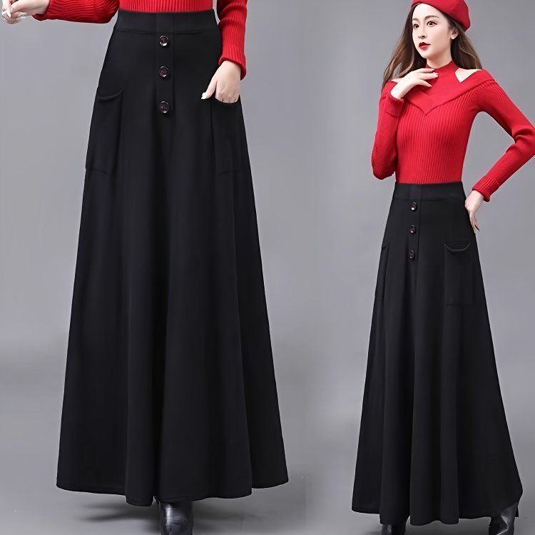 【双口袋】【两个裙长】冬款加厚毛线针织高腰显瘦A字大摆长款半身裙