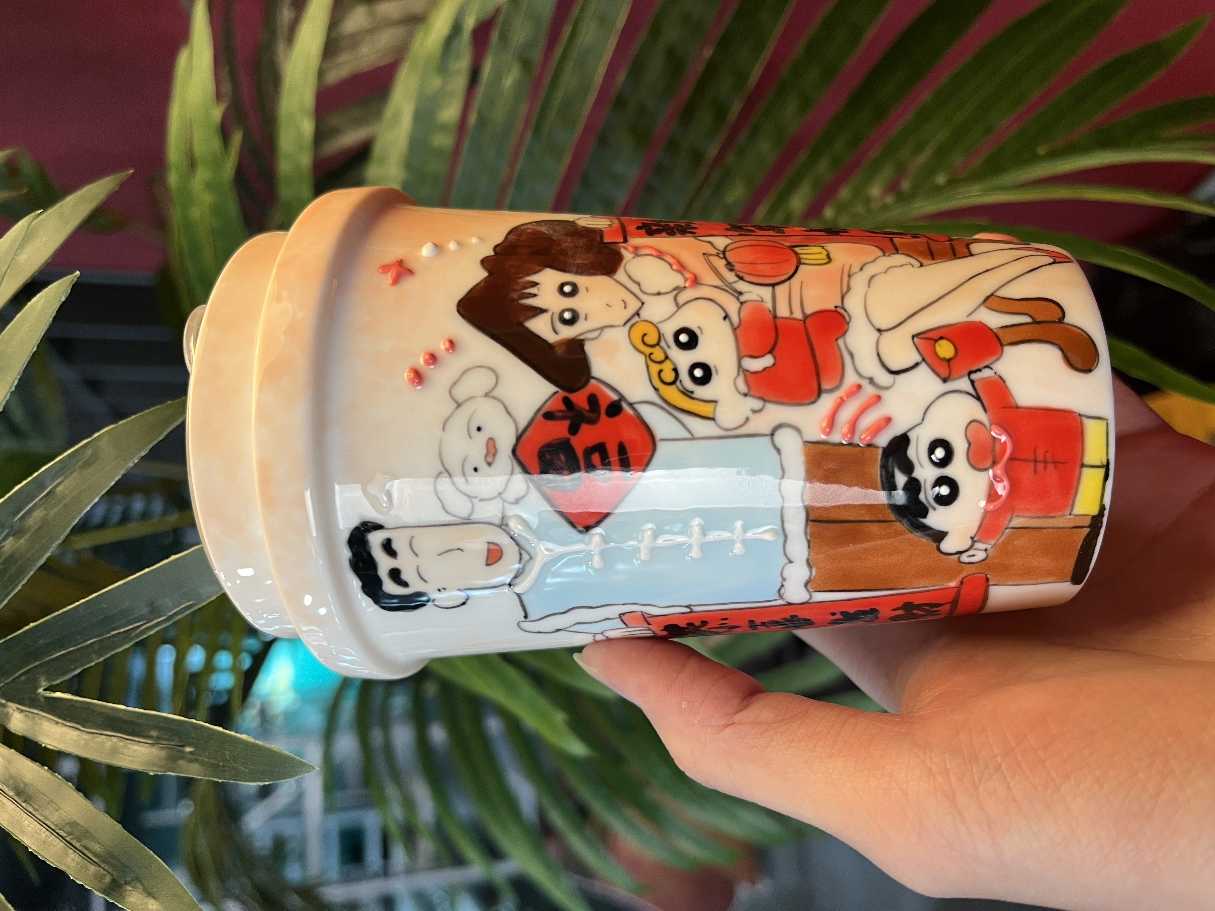 景德镇陶瓷蜡笔小新全家福可乐杯吸管杯