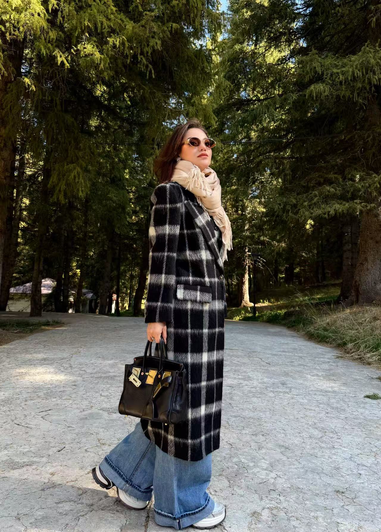 MUBINE 新款简约假两件时尚黑白格子双面羊绒大衣 25190