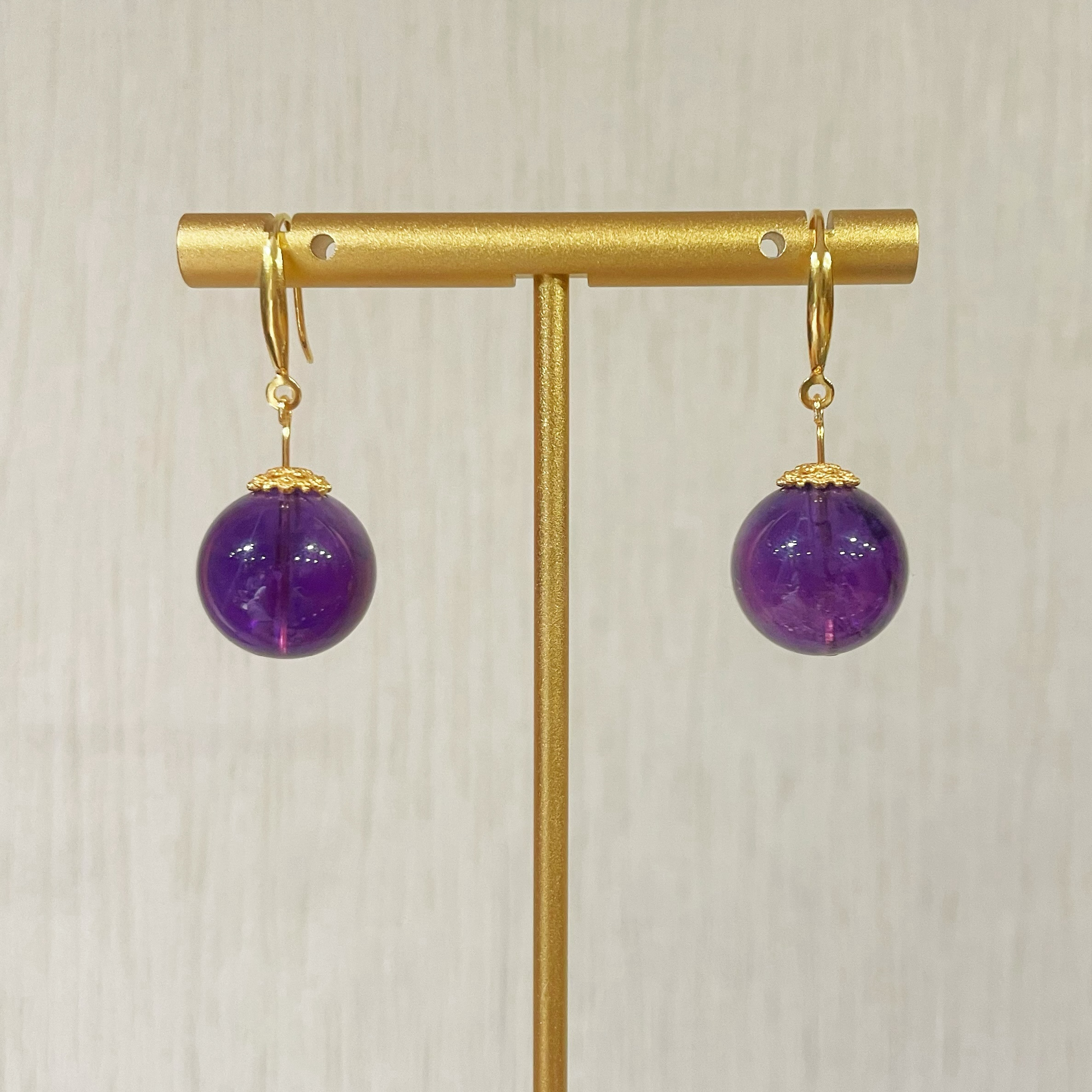 时尚天然紫水晶耳坠 s925银 珠径14 ±