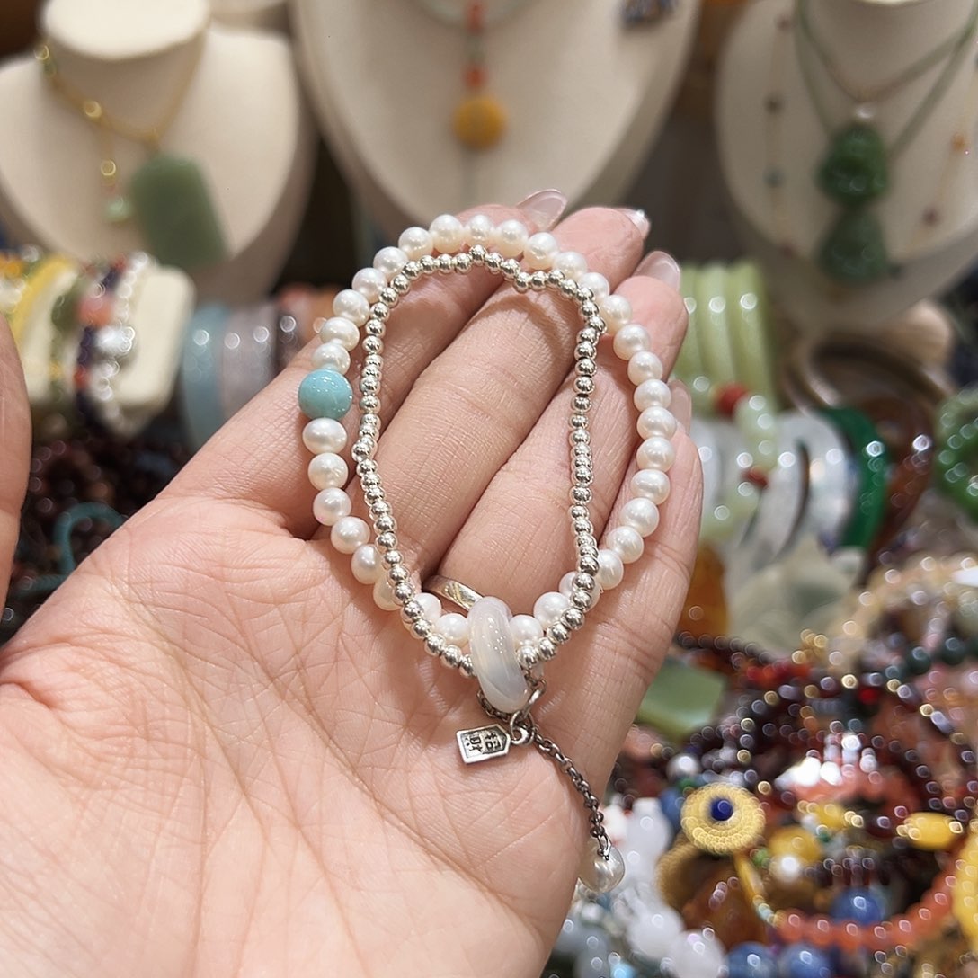 银S925镶嵌手串淡水珍珠奶***-