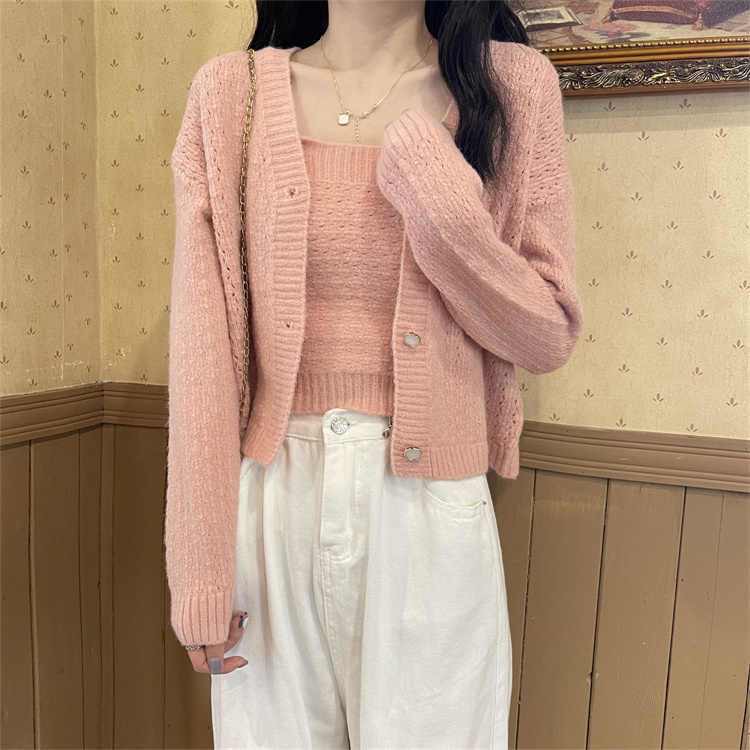 春秋镂空V领长袖女纯色毛针织衫针织衫女装气质法式