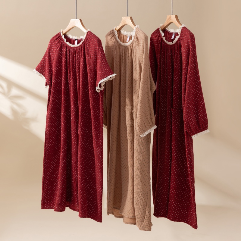 日系甜美花边纯棉纱布大码睡裙女春秋季长袖胖mm200斤睡衣家居服