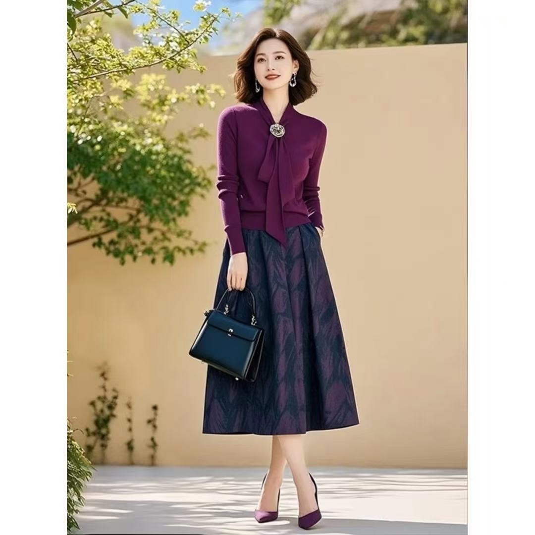 LEEDPRRE广岛之恋2025秋冬羊毛绒混纺上衣+蚕丝缎面半身裙套装-团