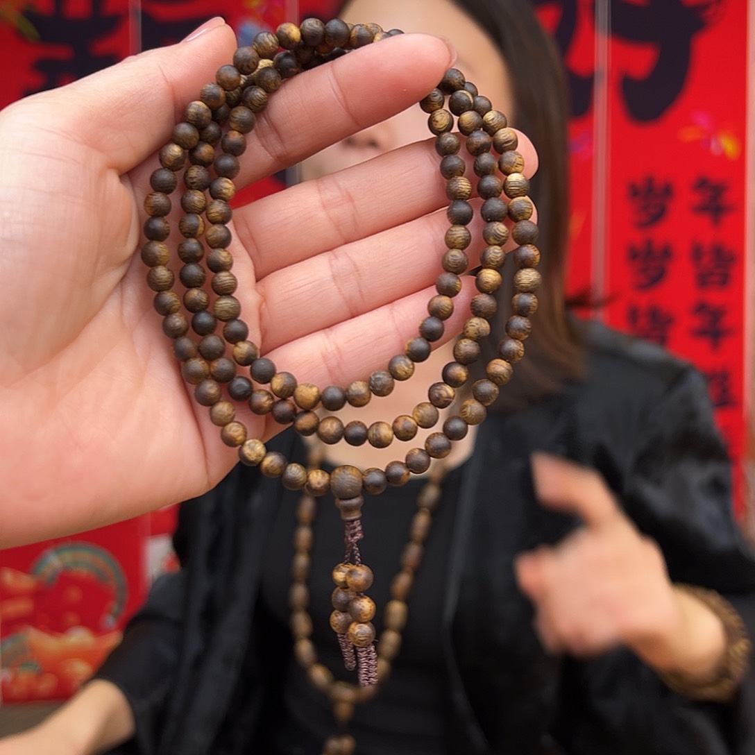 沉香手串海南老白奇金丝蜜结老料圆珠多圈一条0.5