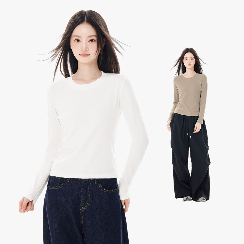 韩版休闲正肩长袖t恤女2025秋季新款修身显瘦弹力圆领内搭女打底