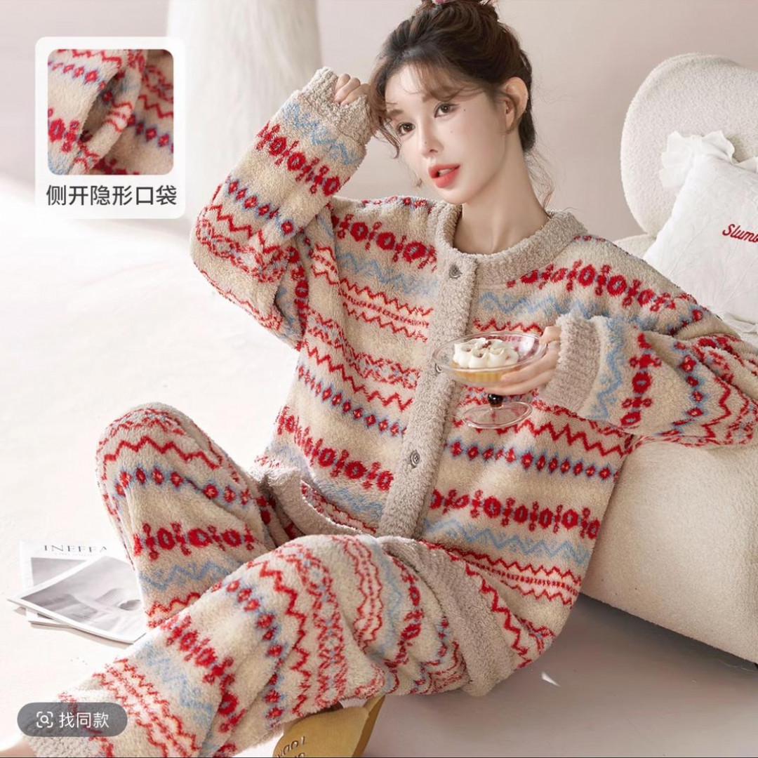 复古长袖条纹圆领长裤松紧带保暖睡衣上衣加厚慵懒风加绒