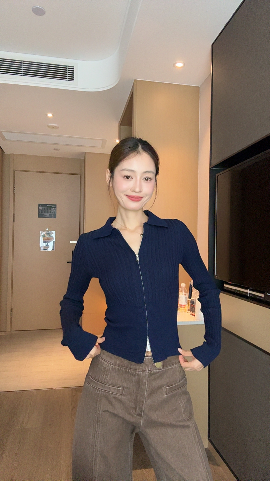 【部分现】麻花翻领短款长袖针织开衫女秋季新款修身洋气上衣M1432