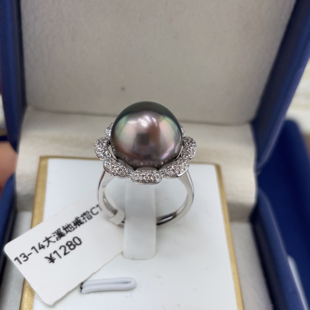 海水珍珠戒圈银S925镶嵌大溪地珍珠戒指13-14mm