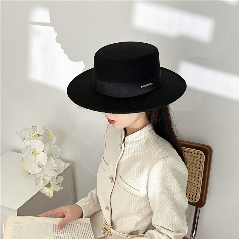 N法式白色平顶仿毛呢礼帽男女秋冬时尚百搭英伦复古黑色街拍帽子