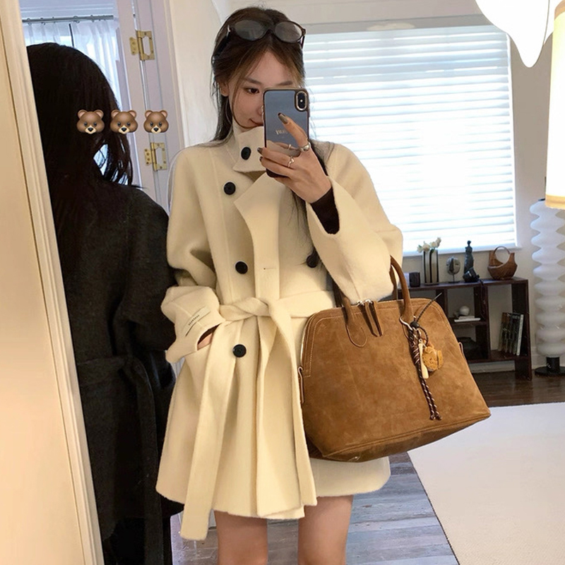 【25154】立领中长款毛呢外套系带收腰呢子大衣女