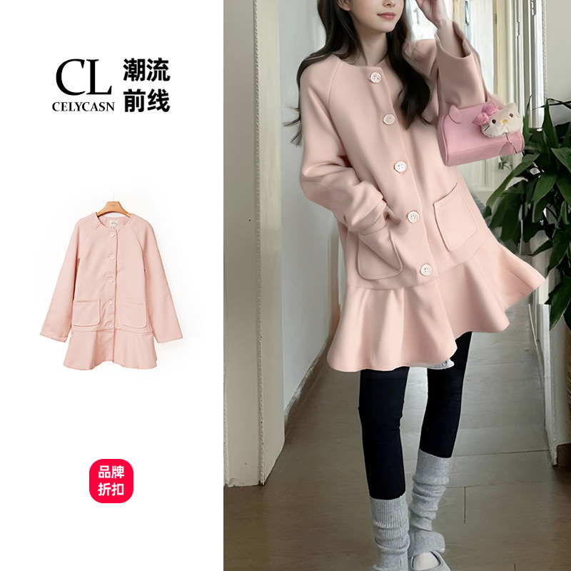 M5WBN100#女装圆领荷叶下摆长袖风衣毛呢外套上衣